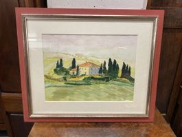 Aquarelle encadrée - Paysage toscan - printemps 2024