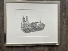 Bild Stadt Zürich, Grossmünster Handarbeit signiert, gerahmt