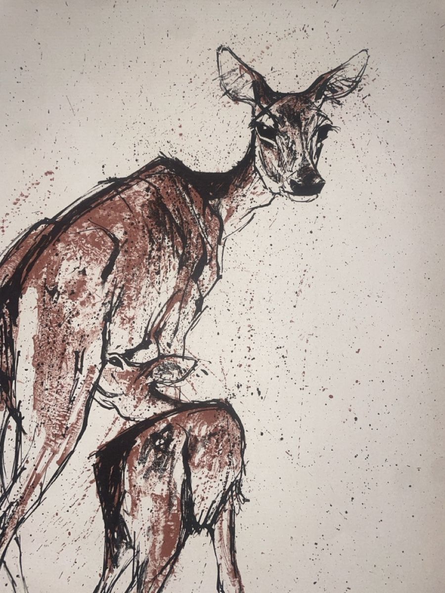 Grafica & Litografie: Fritz Hug - Rehe mit Jungtier, handsigniert – Usato da Frenkendorf venduto da lau_8fff 2