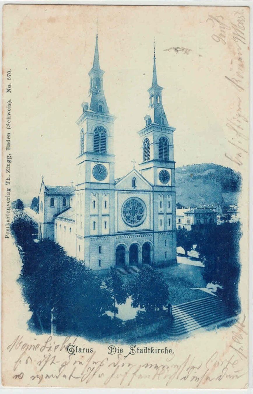 Cartoline postali: GL 10 Glarus Stadtkirche 1900 – Usato da Fribourg venduto da philafri