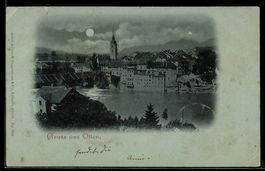 Mondschein-AK Olten, Ortsansicht mit Kirchturm und Fluss