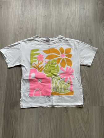 T-Shirt Blumen-Print Weiss/Pink/Gelb, Gr. 140, Sommerlich