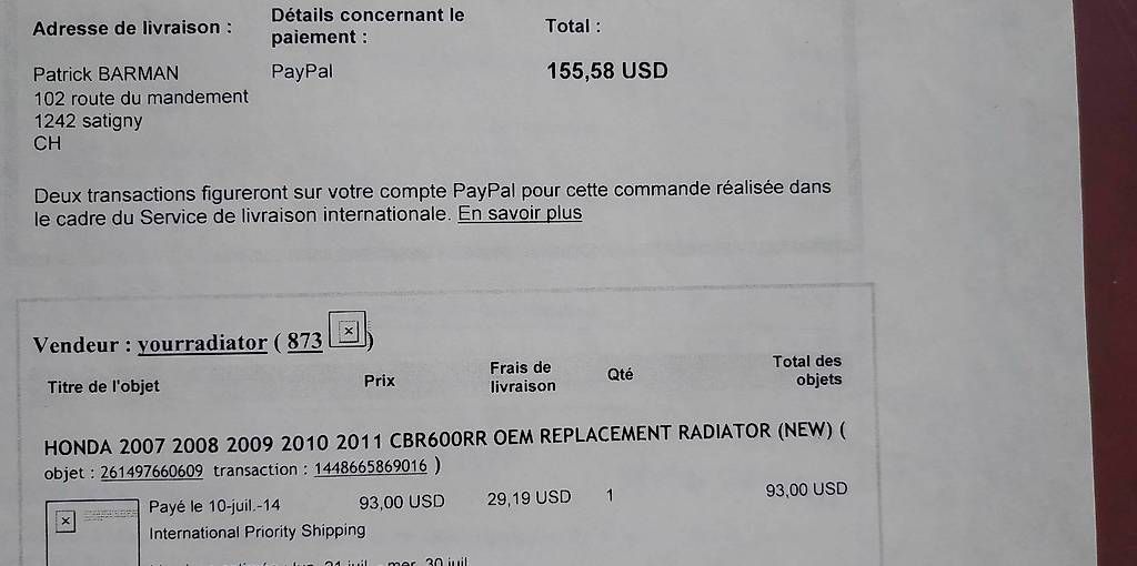 Tutti i ricambio per moto: Radiateur Oem pour Cbr600rr 2007-2013 – Usato da Athenaz (Avusy) venduto da pat_8t2m 4