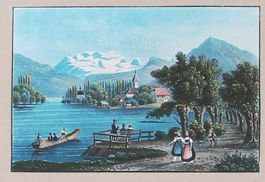 Scherzlingen Thun altkolorierte  Aquatinta von H. Füssli
