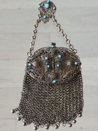 Antike Chatelaine Gliedertasche-Filigran Türkis Mesh 