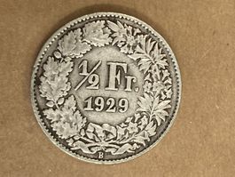 SVIZZERA 1/2  FR MONETA IN ARGENTO 1929 usata - circolata