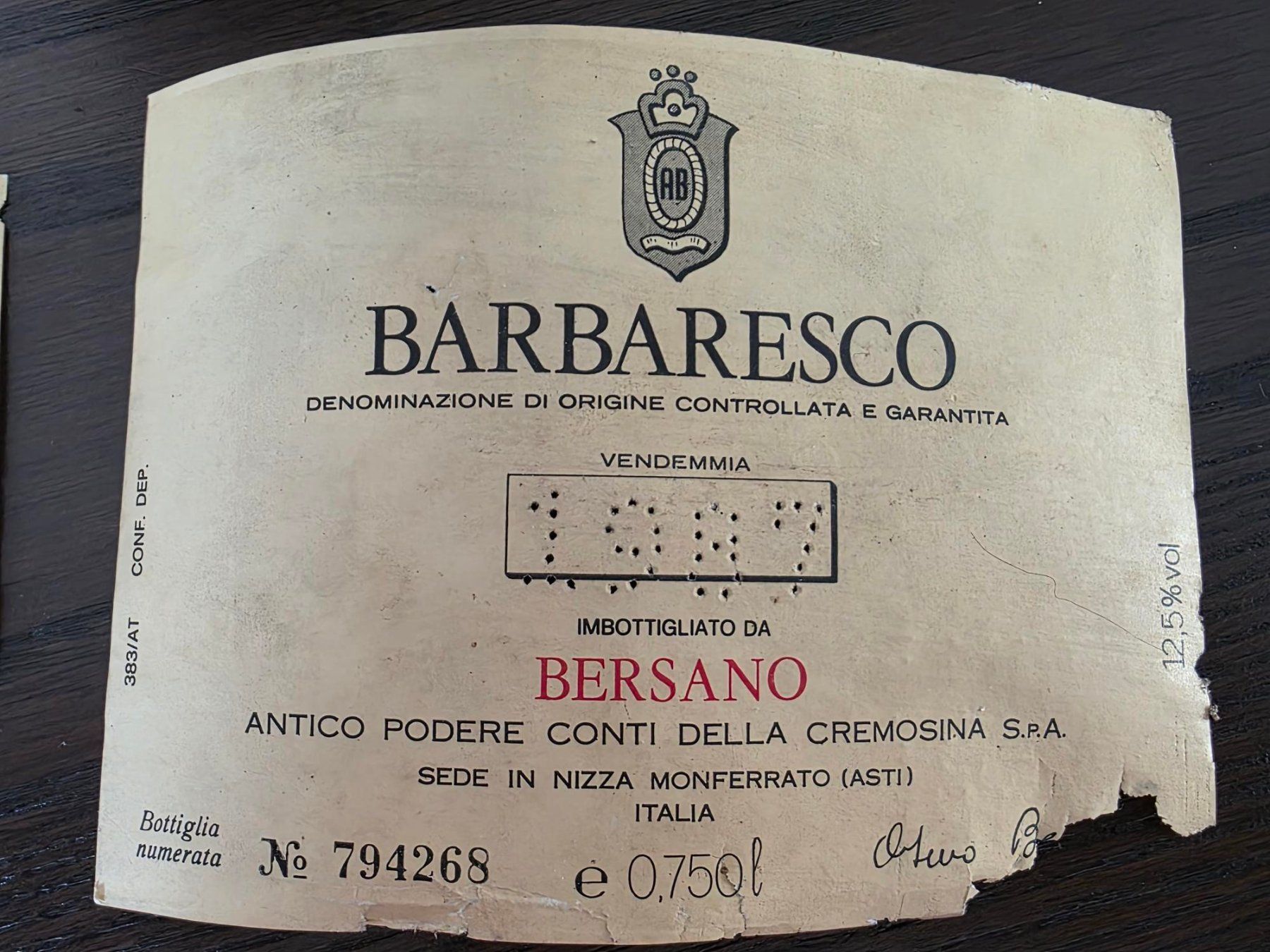 Vins: Barbaresco – Bersano 1987 – Neuf (Voir description) à Grasswil par Natali.H 2