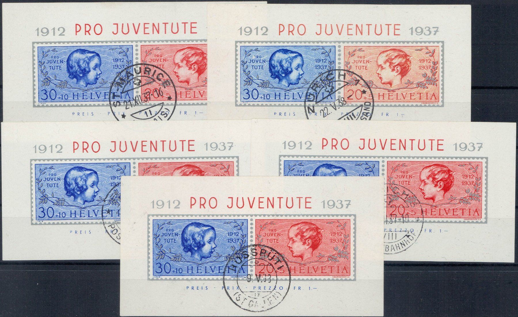 Tutti i francobolli: Pro Juventute 1937, 5 gest. Blocks, 250.- – Usato da Horw venduto da pilatusmail