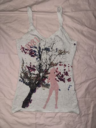 Damenshirt mit Pailletten Motiv 1981 in Silber Grösse S