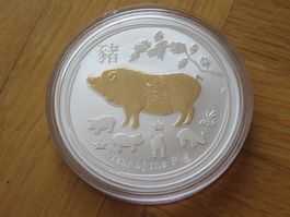 Lunar II Serie Münze Schwein  2019  / 1Unze Silber gilded