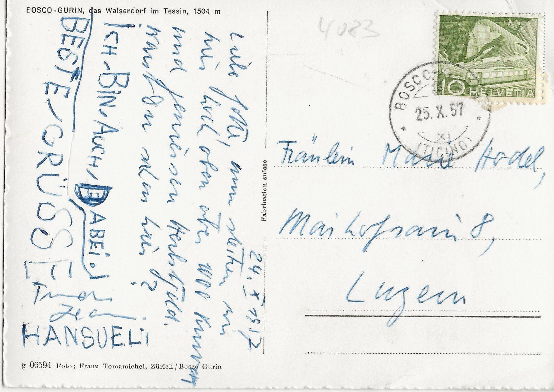 Cartoline postali: Bosco-Gurin, 1957 – Usato da Frauenfeld venduto da Merk52 1