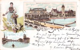 Zürich // 1899 Litho Bahnhof Landesmuseum Sonnen Quai