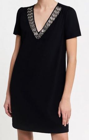 Robe noire neuve IKKS taille 38, col en V à broderies