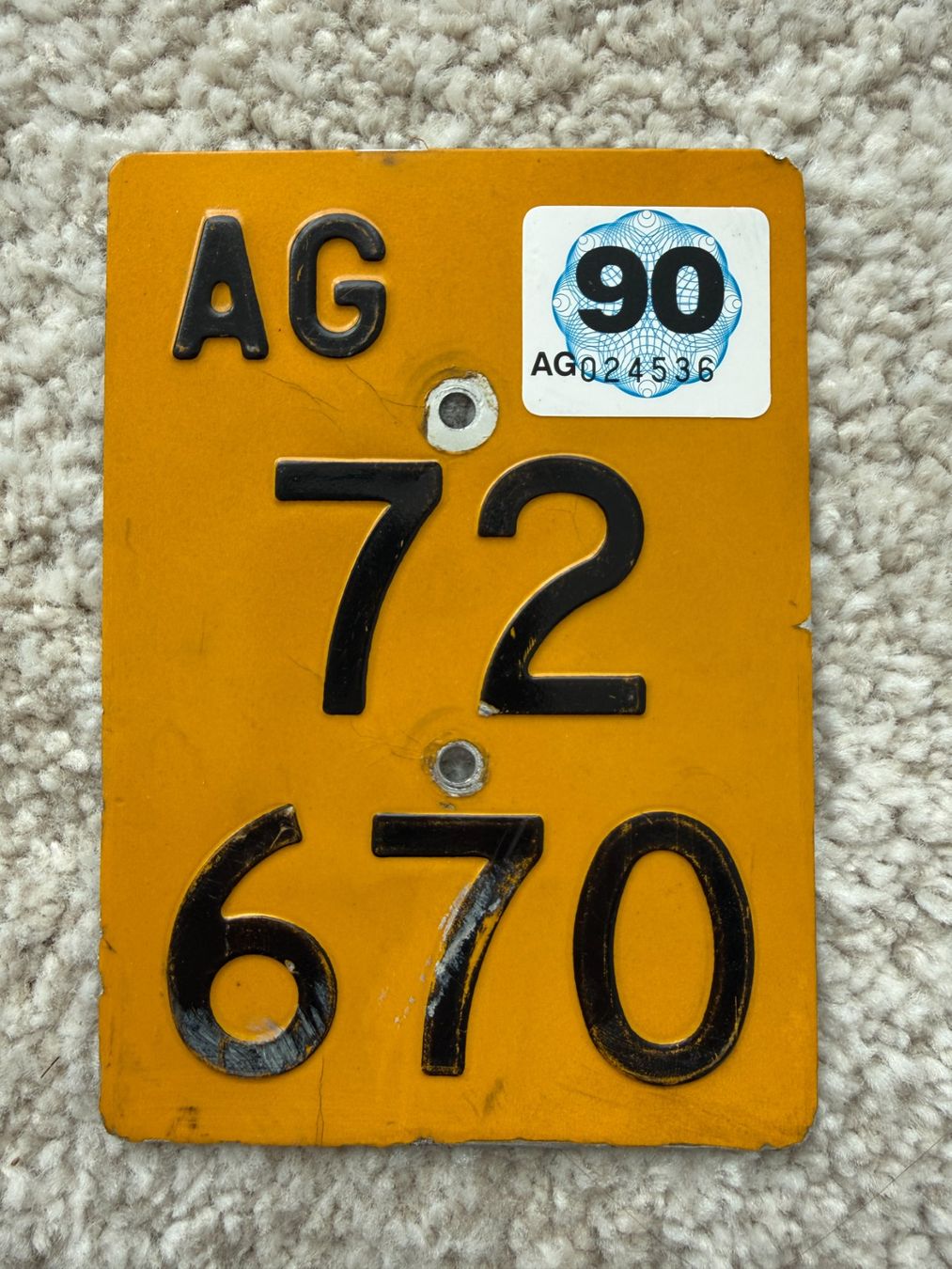 Insegne: Mofanummer Aargau AG 72670  von 1987 – Usato da Niederwil AG venduto da PlateSale19