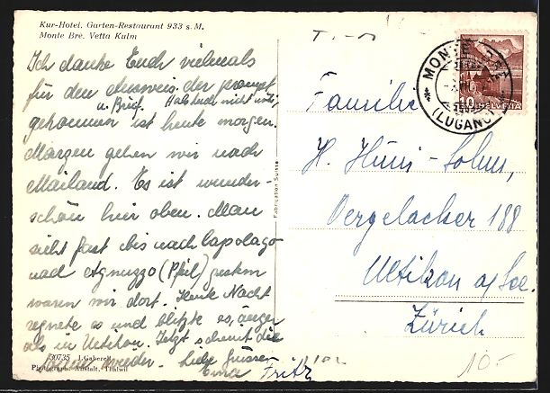 Ansichtskarten: AK Mte. Brè, Hotel Kulm-Terrasse – Gebraucht aus Berlin von bartko-reher 1