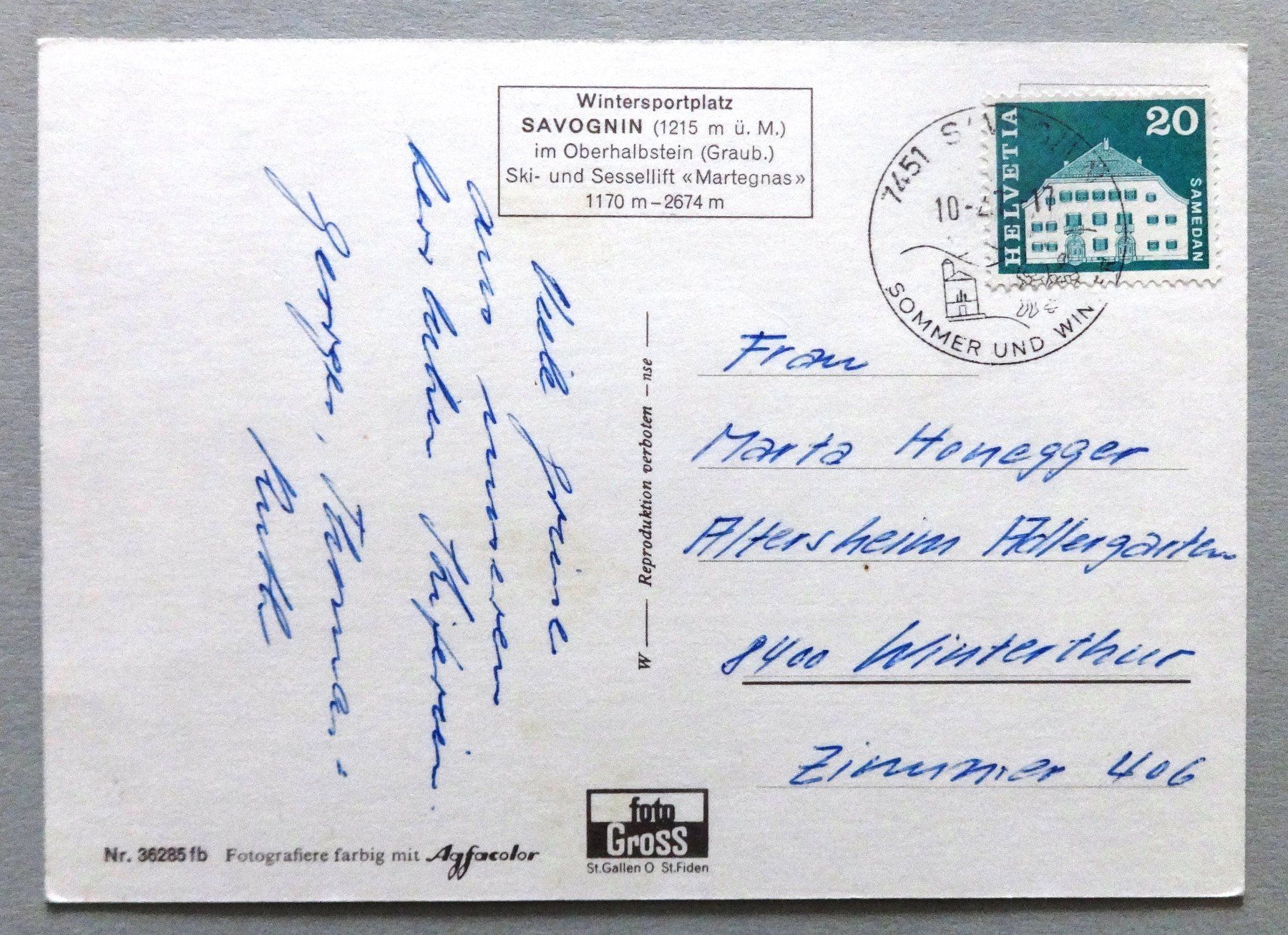 Cartoline postali: Skiparadies Savognin – Usato da Fétigny venduto da Billy2miny 1