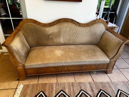 Sofa antiker Stil Holz furniert mit Stoffbezug 19. Jhd.