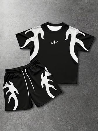 Ensemble t-shirt et short d'été noir/blanc style 