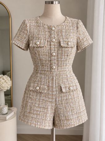 Jumpsuit Tweed beige mit Perlenknöpfen Kurzarm neu