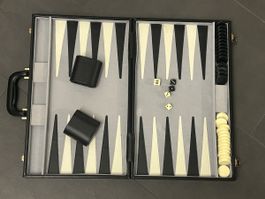 Backgammon Spielkoffer – schwarz – Kunstleder – komplett