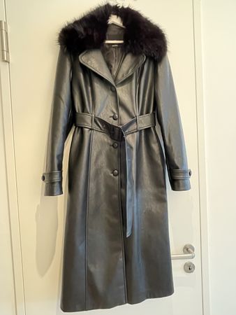 MNG Winter Coat, Black Faux Leather, Faux Fur Collar