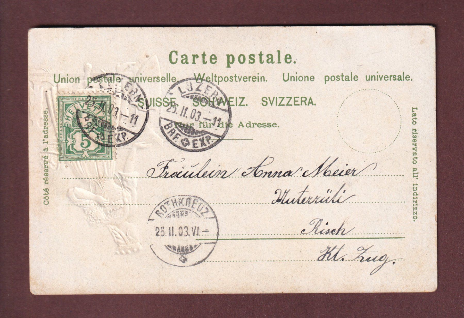 Cartoline postali: LUZERN - Luzernerin - 1903 Präge – Usato da Pully venduto da nicecards 1