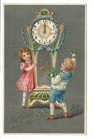 Neujahr - viel Glück - Kinder - Stand-Uhr - Litho  dat. 1912