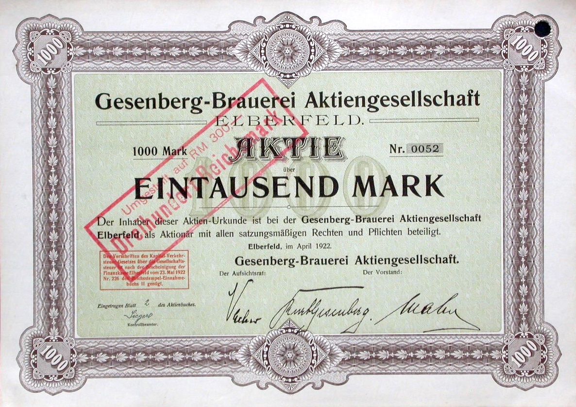 Dokumente: Gesenberg-Brauerei AG, Elberfeld - 1922 – Gebraucht aus Solothurn von Sgasche