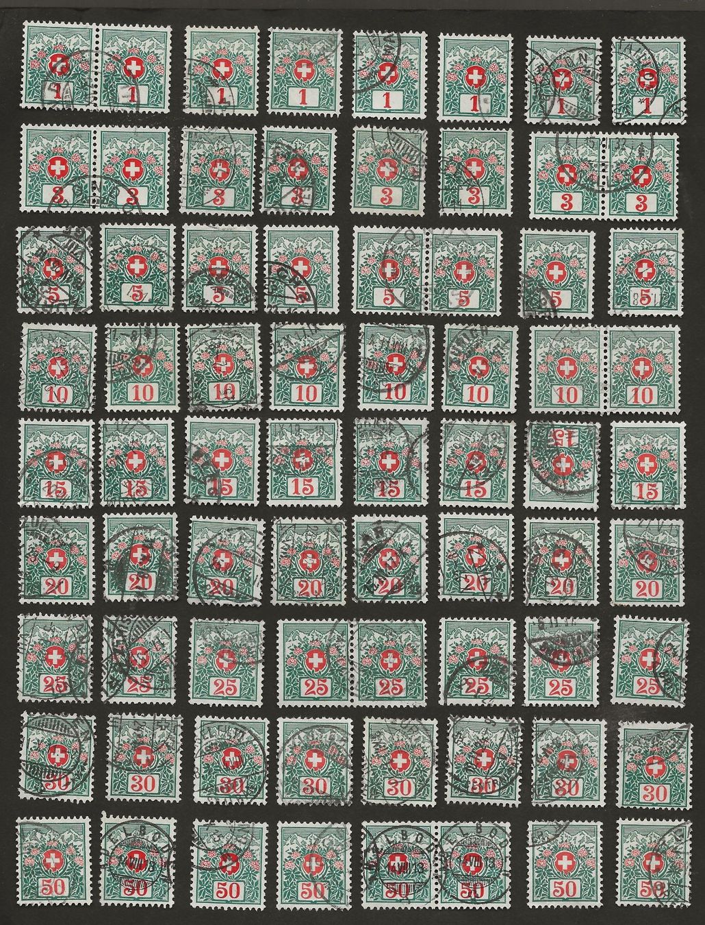 Alle Briefmarken: Schweiz 80 Portomarken  gestempelt – Gebraucht aus Au ZH von xelagreb01