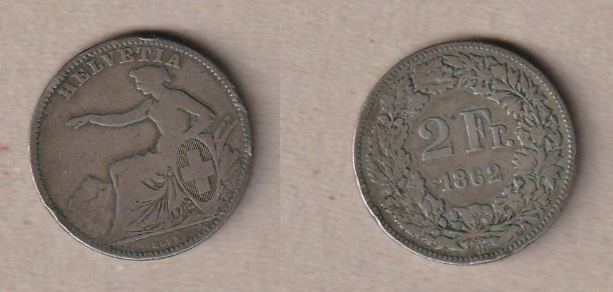 Tutti le monete: 2 Franken 1862 sitzende Helvetia – Usato da Allschwil venduto da Coinfreak