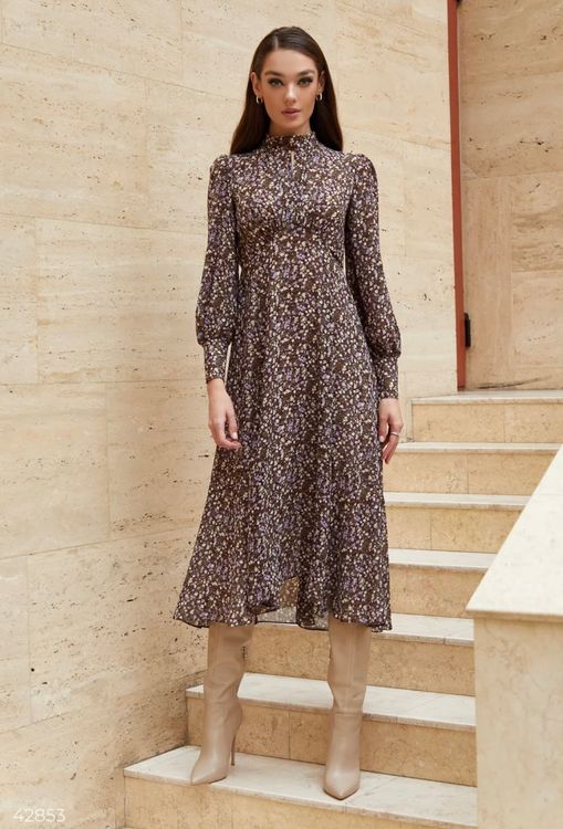 A-Line Chiffon Dress with Flower Appliqued Brown main image 1
