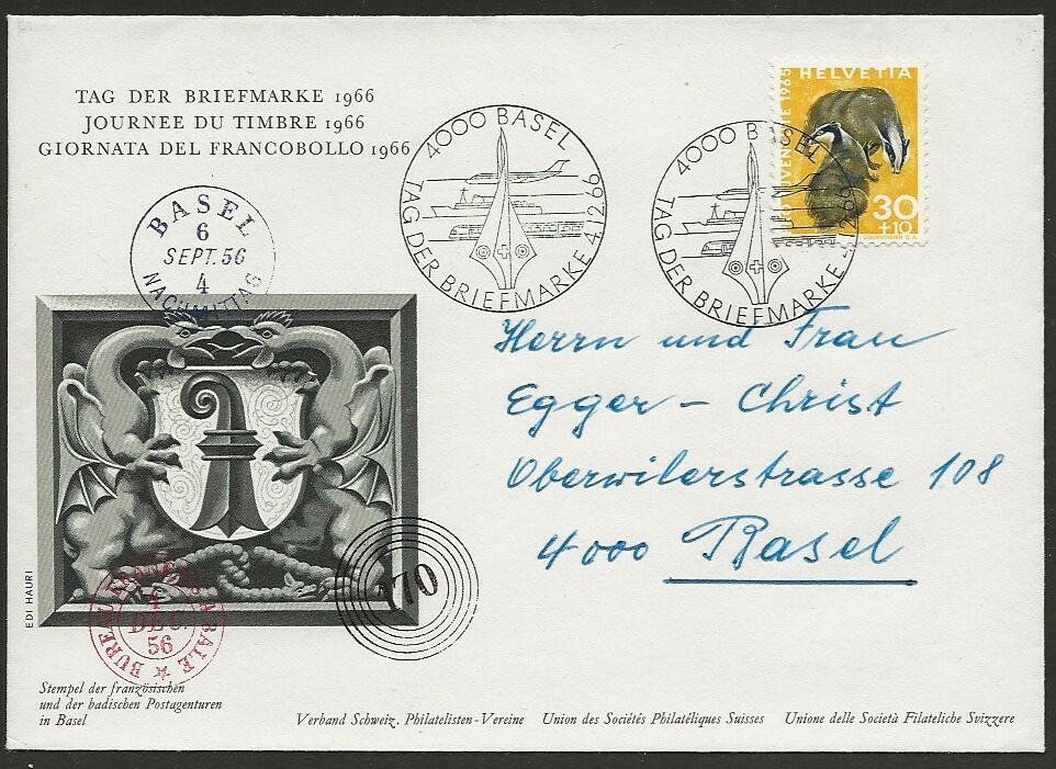 Alle Briefmarken: 1966 Brief Tag der Briefmarke BASEL – Gebraucht aus Arlesheim von kuhnphila