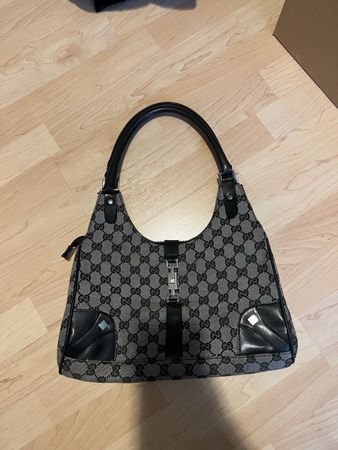 Handtasche Gucci Hobo Monogram Canvas Leder Schwarz Used