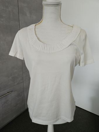 Damen T-Shirt weiss AKRIS Grösse M mit Rüschen Kragen 