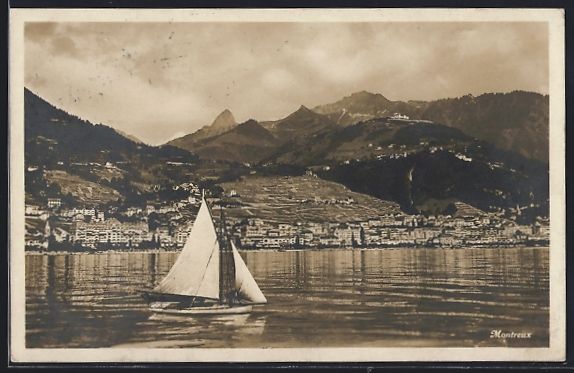 Cartoline postali: Montreux, Panorama mit Segelboot und Ber – Usato da Berlin venduto da bartko-reher