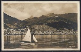 Montreux, Panorama mit Segelboot und Ber