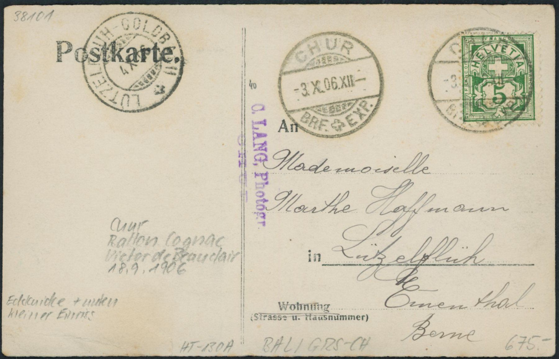Ansichtskarten: GRS Chur - 1906 - Ballon - V. de Beauclair – Gebraucht aus Schindellegi von masutka7 1