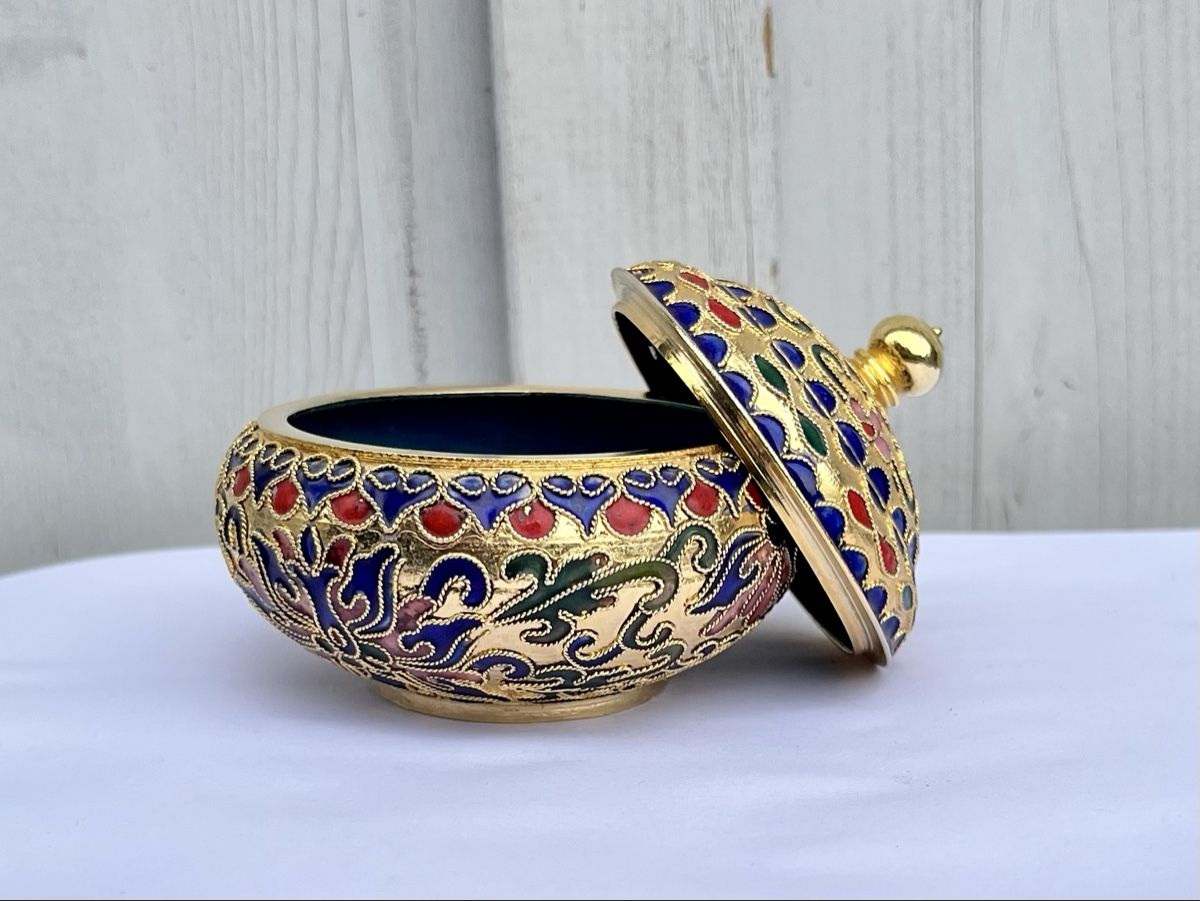 Portagioie: Dose mit Deckel, Gold farbig, Cloisonné-Emaille – Usato da Winterthur venduto da avelotte 4