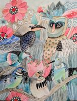Original Aquarell hungrige Vögel Fantasie Bild
