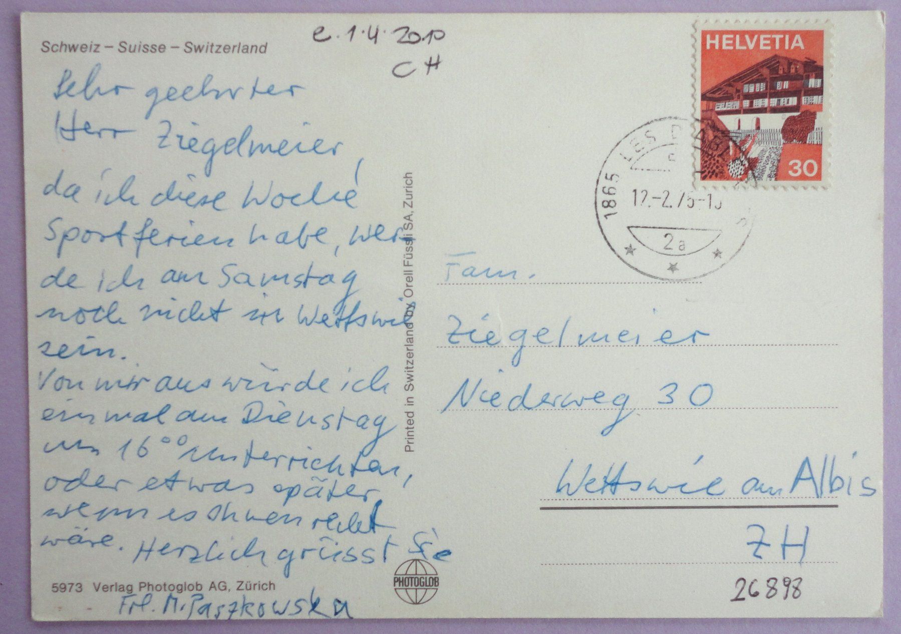 Cartoline postali: Gstaad 1050 m – Usato da Fétigny venduto da Billy2miny 1