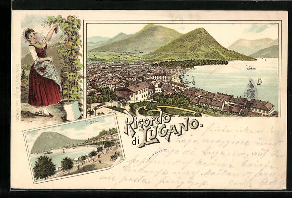Cartoline postali: Litho Lugano, Weinernte, Ortsansichten m – Usato da Berlin venduto da bartko-reher