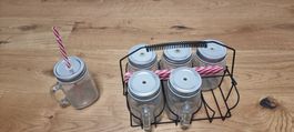 6 Trinkgläser mit Henkel inkl. Deckel inkl. Tragegestell