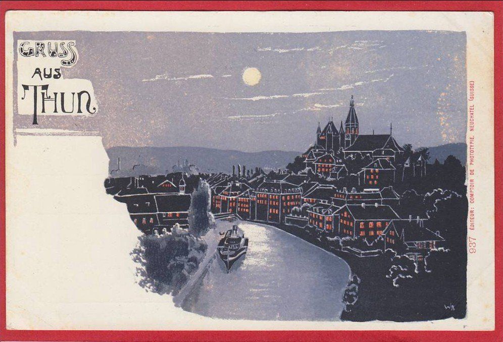 Ansichtskarten: THUN MONDSCHEIN-LITHO – Gebraucht aus Grüningen von Kartenlaube