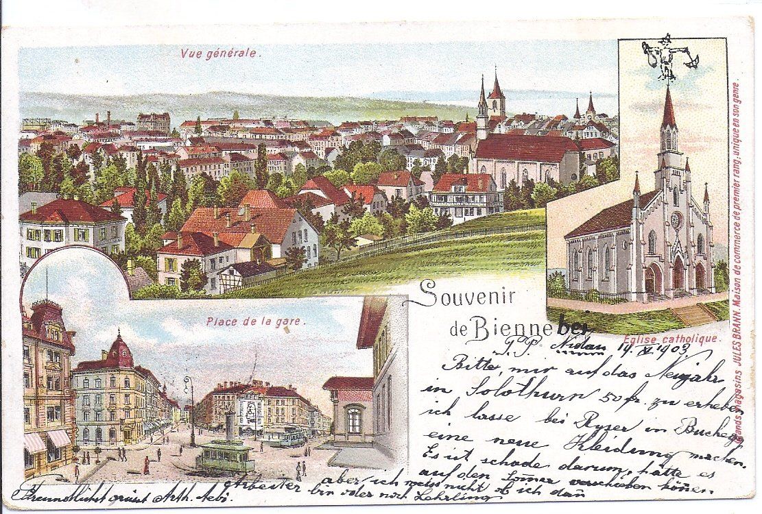 Cartoline postali: BIENNE, litho avec 3 vues – Usato da Les Verrières venduto da Scampi0
