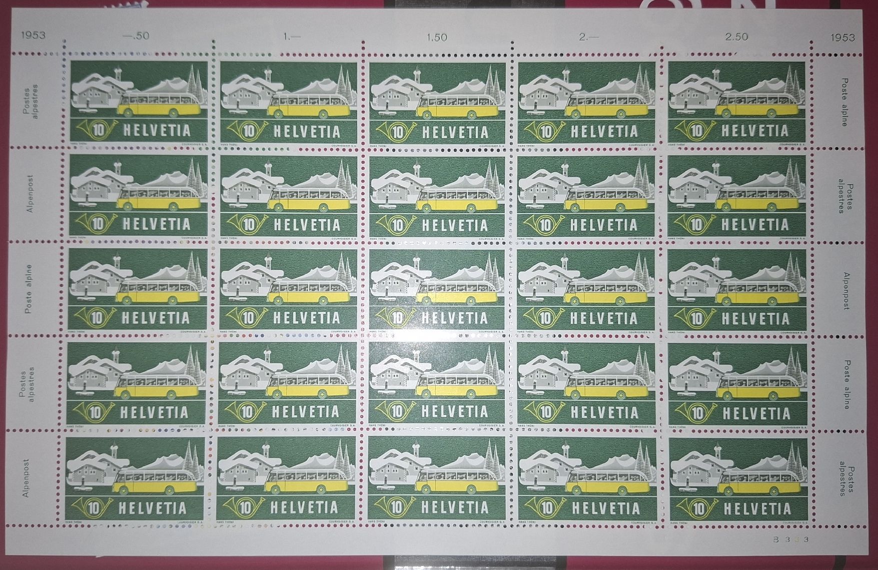 Tutti i francobolli: 1953 Bogen Nummer B333 Sondermarke Postbüro  – Usato da Balgach venduto da SIMEON27