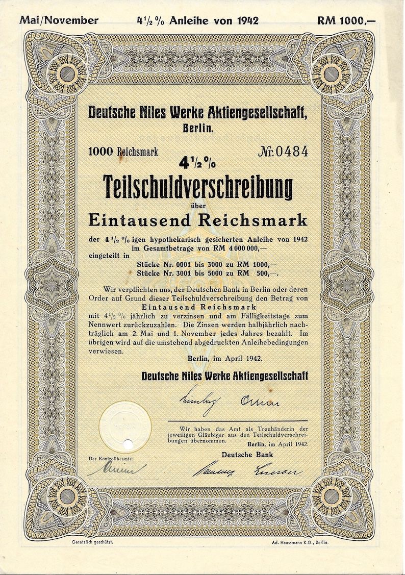 Documenti: Deutsche Niles Werke AG, Berlin - 1942 – Usato da Solothurn venduto da Sgasche