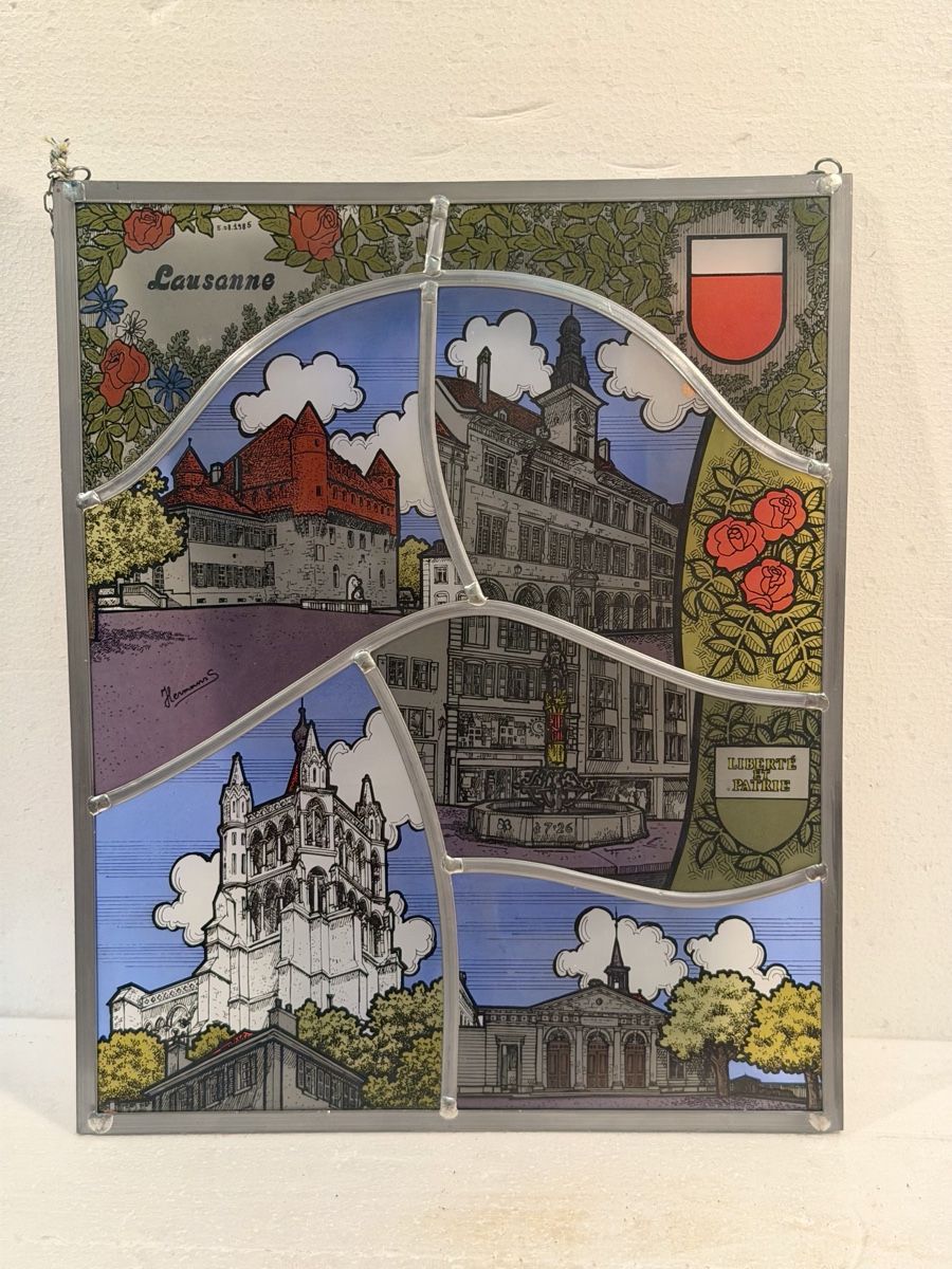 Bicchieri: Stained glass panel Lausanne city views – Usato da Lausanne venduto da artnouveau05