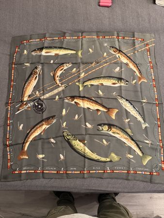 Hermès Foulard Fischen mit Ruten & Fischen, Grau, Silk, 90x9