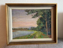 Ölgemälde Landschaft mit Bäumen und Fluss, gerahmt, Vintage