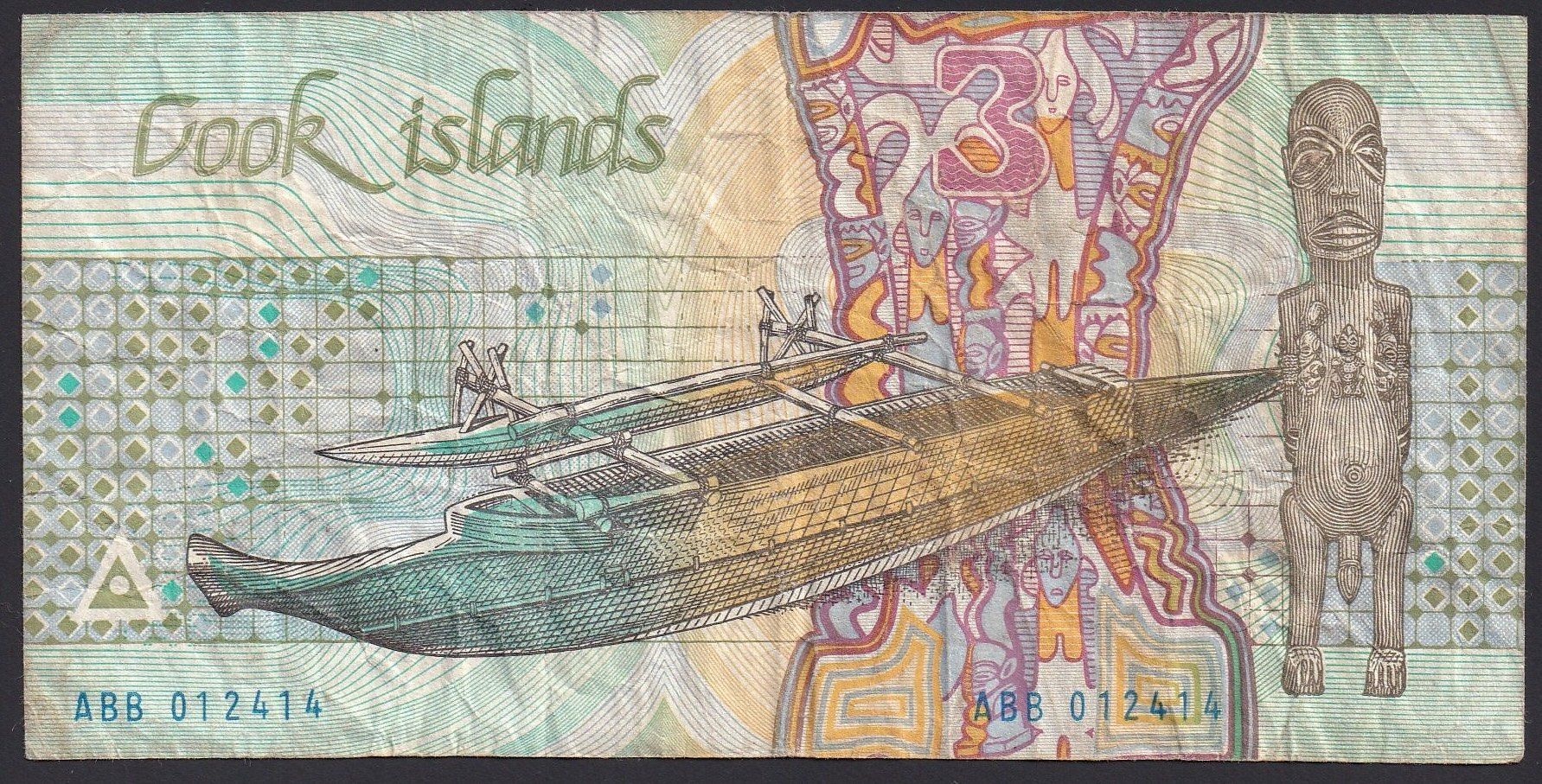 Banconote: Cook Islands 3 Dollars 1987 – Usato da Brugg AG venduto da banknoten_muesli 1